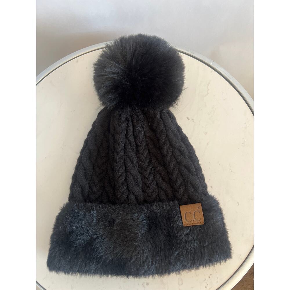 C.C. Cable Knit Beanie with a Faux Fur Pom-Pom and Cuff Black one Size